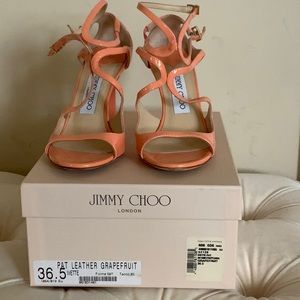 Jimmy Choo Ivette Strappy Patent Leather Grapefruit Color Sandals Size 36.5